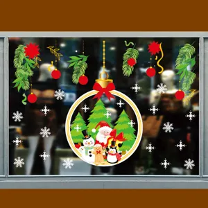 Christmas window sticker detail featuring cute Santa snowman and holiday bauble decorations.