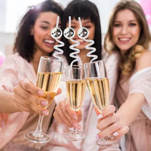 Pajitas de cóctel con bola disco, pajitas rizadas de fiesta de los 70 para decoración y celebraciones.