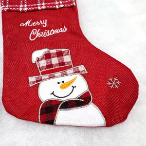 Christmas stocking detail showing embroidered snowman and Merry Christmas text in festive red fabric.