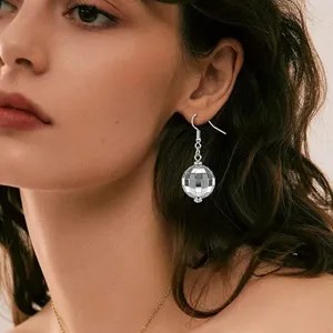 Retro 70s Disco Ball Mirror Dangle Earrings For Women Silver Tone Sparkling Reflective Party Club Jewelry Accessory Gift