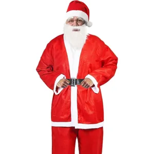 Kerstman kostuum set, rode fluwelen jas, broek, muts, baard en riem voor feestdagen.