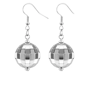 Silver disco ball dangle earrings, retro 70s mirror sphere hook earrings for women party jewelry