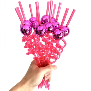 Pajitas bola disco rosa suministros de fiesta estilo retro años 70 en espiral
