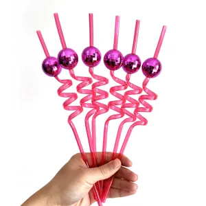 Pajitas bola disco rosa artículos de fiesta 70s cumpleaños bar accesorios bebidas 6pcs