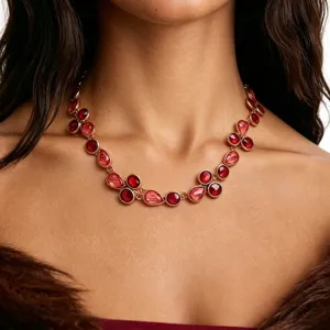 Stunning red crystal teardrop cluster statement necklace for elegant evening party wear.