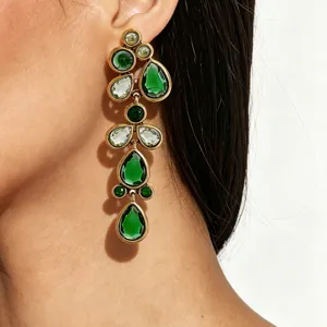 Exaggerated long green teardrop crystal drop earrings vintage gold statement party jewelry