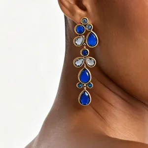 Exaggerated geometric long waterdrop earrings with blue and clear rhinestones for women.