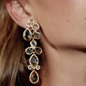 Exaggerated geometric long teardrop rhinestone earrings, vintage style statement jewelry for women.