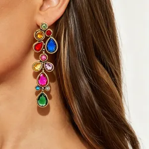 Colorful rhinestone statement earrings, vintage baroque style long drop crystal jewelry for women