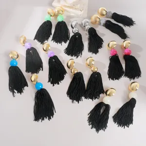Bohemian long acrylic tassel earrings set, elegant black fringe design with colorful beads.