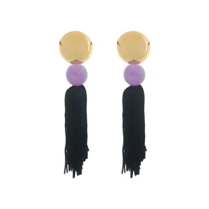 Boho long tassel earrings featuring gold tone discs and purple acrylic beads for women.