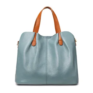 Genuine leather women tote bag top handle commuting handbag blue grey stylish shoulder bag