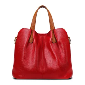 Genuine leather tote bag for women, stylish red shoulder handbag for daily work commuting.