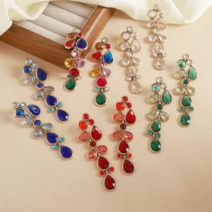 Stunning long drop crystal rhinestone earrings featuring glamorous multi-color gemstone designs for parties.