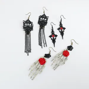 Gothic Halloween boucles d'oreilles main de squelette rose rouge punk bijoux ensemble