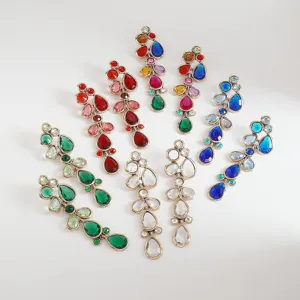 Colorful crystal cluster teardrop long earrings detail, elegant statement rhinestone jewelry.