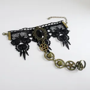 Bracelet bague choker en dentelle noire gothique style rétro steampunk bijoux pour femmes