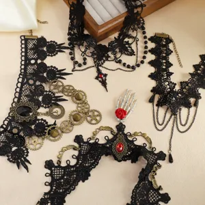 Halloween noir dentelle collier ras de cou ensemble gothique steampunk vintage bijoux set