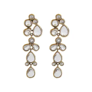 Vintage gold-toned long drop earrings featuring dazzling clear crystal rhinestones for women.