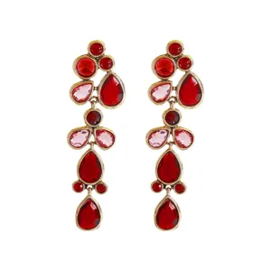 Exaggerated long dangle earrings featuring vibrant red and pink rhinestones in gold tone for party wear.