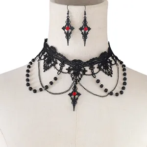 Collier choker en dentelle noire et boucles d'oreilles, bijoux gothique pendentif cristal rouge.