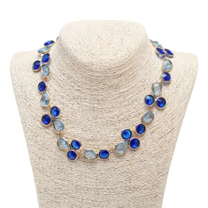 Detailed view of a luxury blue crystal rhinestone statement necklace for women banquet.