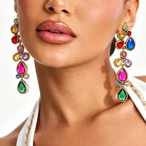Colorful gemstone statement earrings main product display showing long drop geometric design.