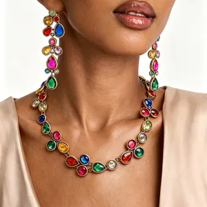 Statement colorful rhinestone drop earrings and necklace set for fashion party wear.