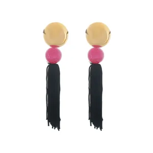 Bohemian long tassel earrings with gold disc and pink acrylic beads for women fashion jewelry