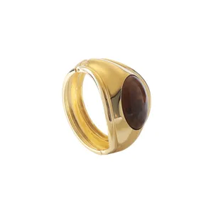 Chunky gold plated cuff bracelet with brown resin inlay geometric vintage luxury bangle for women