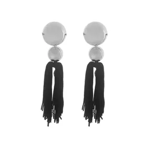 Fashion long silver tone metal disc and black thread tassel dangle earrings for women stylish jewelry