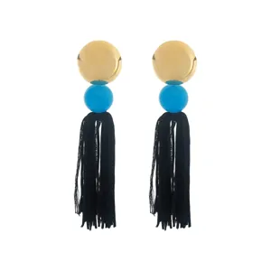 Bohemian long tassel earrings with gold disc and blue acrylic beads for women fashion jewelry.