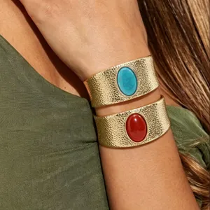 Retro hammered gold cuff bracelets with vibrant blue and red stones for women chic jewelry