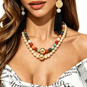 Bohemian Resin Beaded Necklace Geometric Alloy Ball Statement Choker Long Tassel Earrings Jewelry For Women Vacation Party Accessory