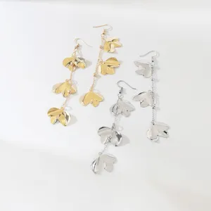 Elegant long metal leaf tassel earrings set, stylish dangling chain design in gold and silver.
