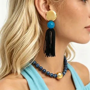 Elegant summer resin beaded necklace and statement black tassel earrings jewelry set.