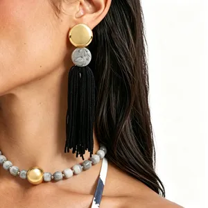 Chic resin bead necklace and statement black tassel earrings set for summer fashion wear.