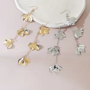 Long metal flower drop earrings, elegant leaf pendant dangles for women fashion jewelry.
