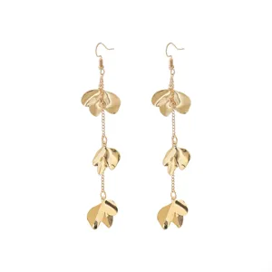 Exquisite long gold earrings featuring multi-tier chain-linked leaf pendants, perfect for chic daily wear.