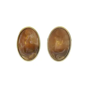 Vintage Oval Brown Resin Earrings Gold Tone Metal Rim Elegant Jewelry Chic Accessories Women