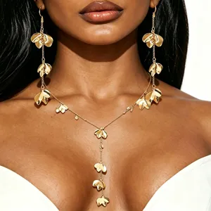 Fashion Iron Metal Flower Leaf Drop Earrings And Y-Shaped Pendant Necklace For Women Elegant Minimalist Jewelry Set