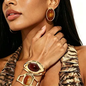 Gold-plated resin stone stud earrings and cuff bracelet set for women elegant vintage jewelry