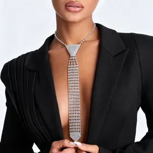 Rhinestone tie necklace, sparkling crystal fringe long chain jewelry for women fashion style.