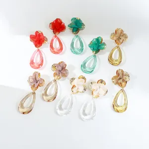 Acrylic fabric flower earrings resort style dangling drop earrings colorful bohemian jewelry
