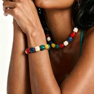 Colorful acrylic chunky beaded necklace bracelet set bohemian fashion statement jewelry for women