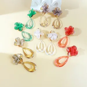 Stylish fabric flower acrylic teardrop dangle earrings for women fashion vacation jewelry.
