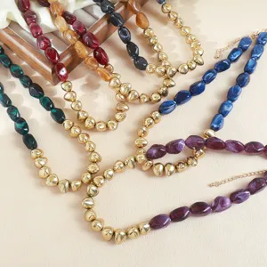 Retro irregular resin bead necklace vintage colorful geometric collar chain jewelry