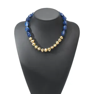 Vintage artistic irregular blue resin and gold metallic beaded statement collar necklace