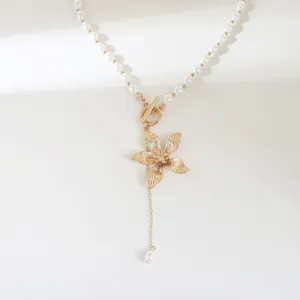 Sweet cool style plumeria flower pendant pearl necklace with OT clasp for women fashion jewelry