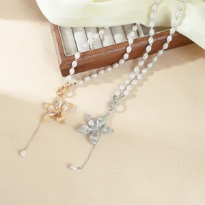 Sweet cool ins style frangipani pearl pendant necklace with OT clasp for women fashion jewelry.
